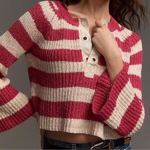 Anthropologie Pilcro Sweater | Pink & White Bell Sleeve V-Neck